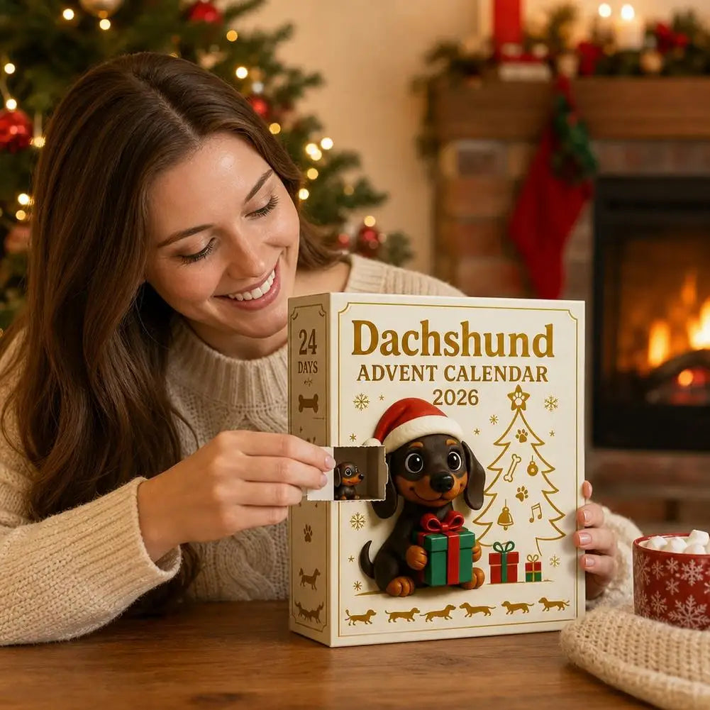 24-Day Wiener Dog Figurine Countdown Set for December Celebrations – Holiday Mantel Display with Miniature Brown Dachshund Collectibles | Thomler