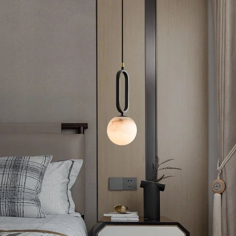 Stone Hanging Light Fixture Natural Marble Pendant with Copper Detail Black Gold for Kitchen Island Dining Room Bedroom Hotel Lobby Modern M | Thomler