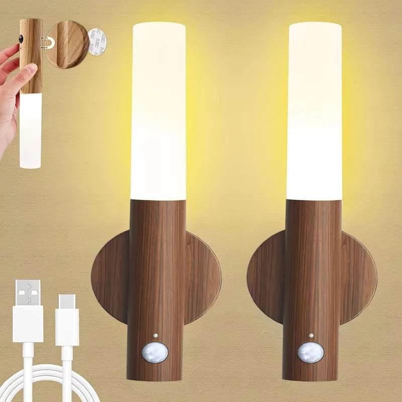 Motion Sensor LED Night Light Rechargeable Wooden Wall Sconce Magnetic Mount Auto-On Safety Lighting for Bedroom Hallway Closet Stairs | Thomler