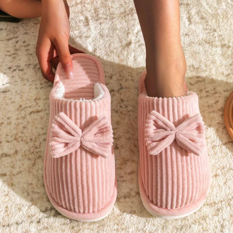 Women's Bow-Tie House Slippers Indoor Cushioned Footwear Cozy Plush Bedroom Shoes Fall Winter Slip-On Moccasins | Thomler
