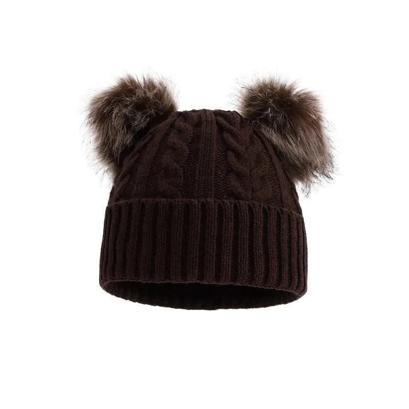 Women's Chunky Cable-Knit Winter Beanie with Dual Faux-Fur Pom-Poms – Fold-Over Cuff Hat for Cold Weather | Thomler