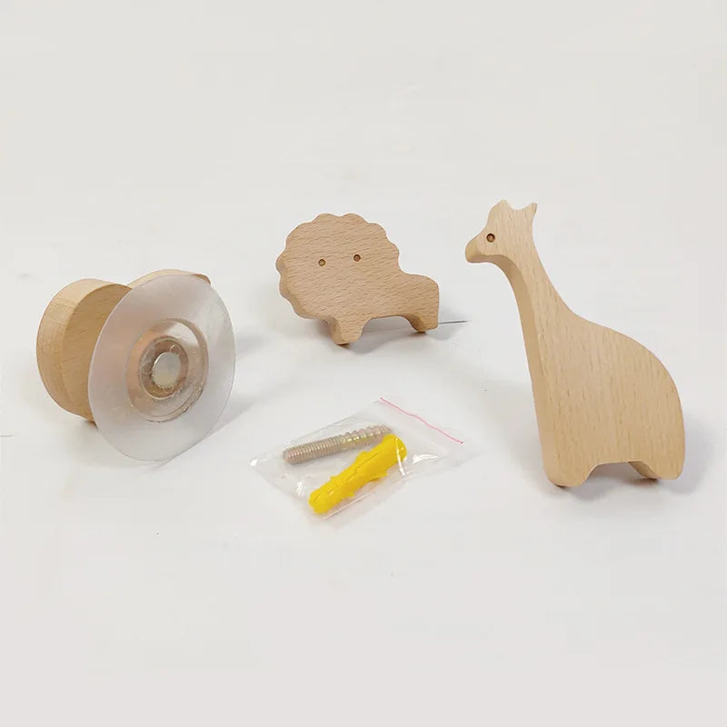 Wall Hooks Wooden Animal Self Adhesive Natural Kids Bedroom Nursery Coat Bag Holders Scandinavian Decor | Thomler