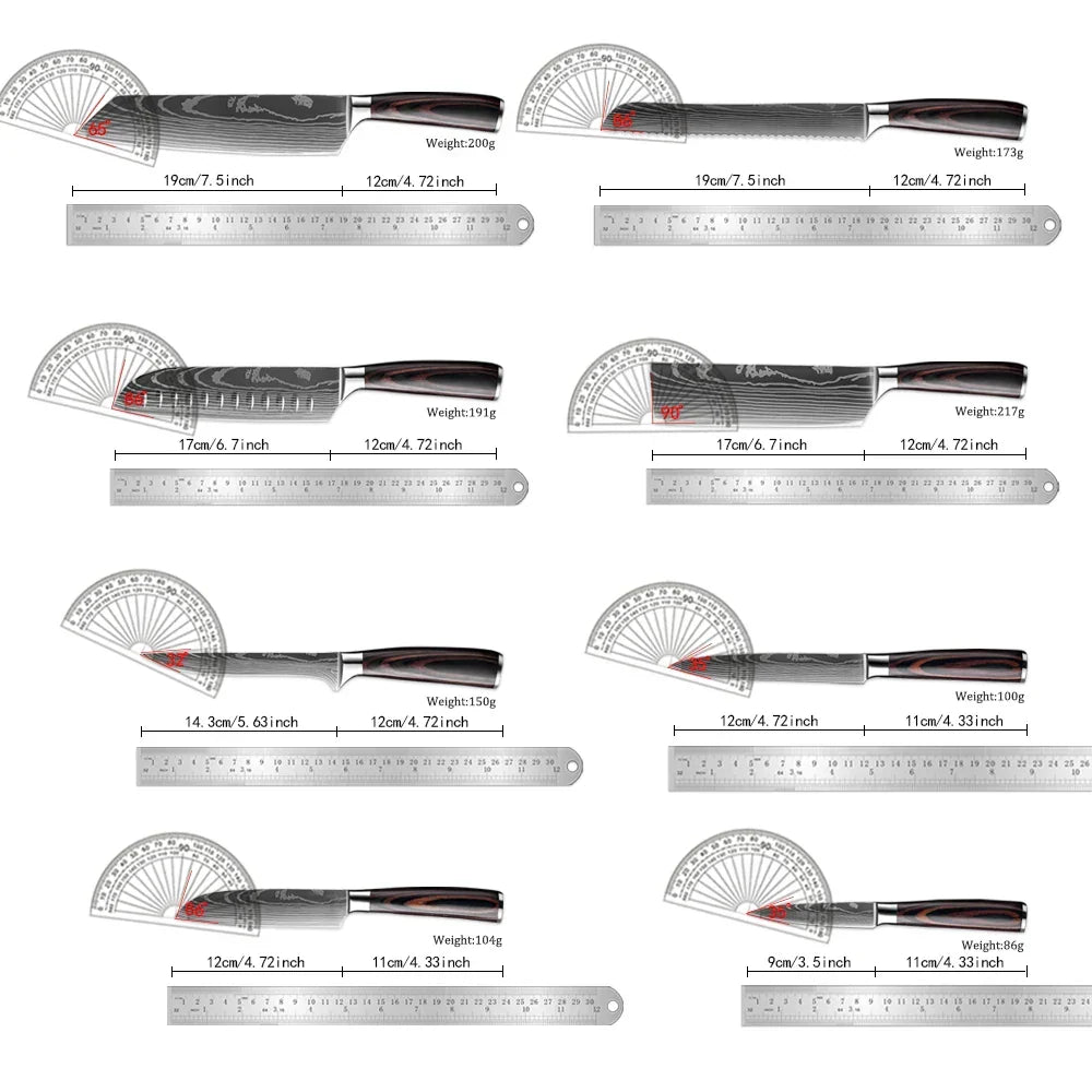 Professional Damascus-Pattern Chef's Blade Set – Hardened Steel Cutlery with Pakkawood Handles – Complete 1-9 Pc Cooking Knife Assortment | Thomler