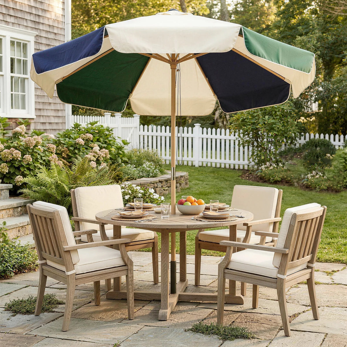 7.5 ft Two-Tone Patio Umbrella with Rope Pulley System – Wood-Look Pole, UPF 30+ Sun Protection for Deck, Garden, Beach | Thomler