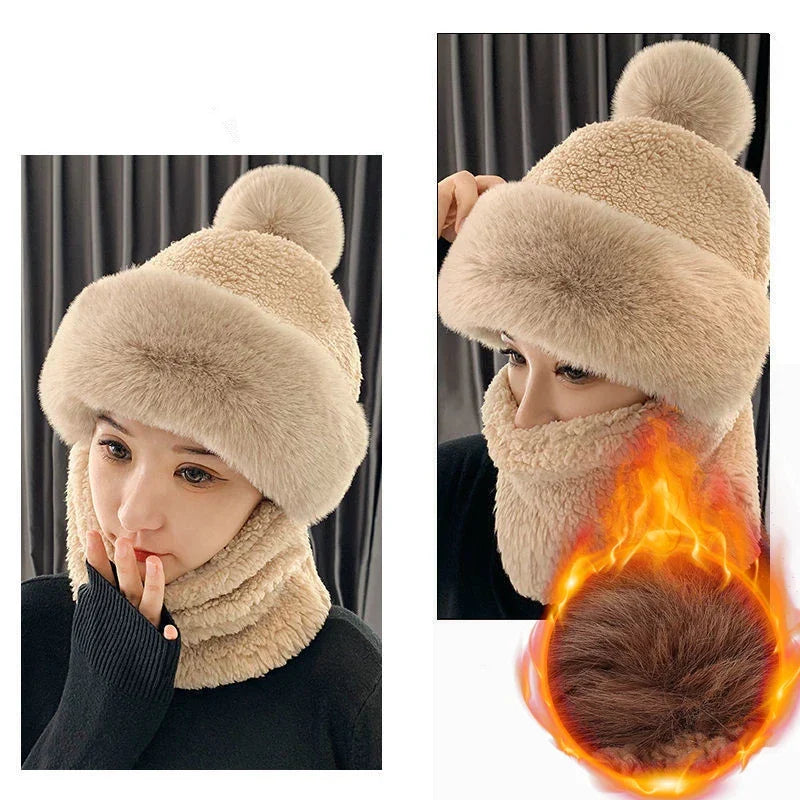 Plush Hooded Scarf Combo Winter Beanie & Neck Warmer Fleece Wrap for Women Cold Weather Outdoor Fashion | Thomler