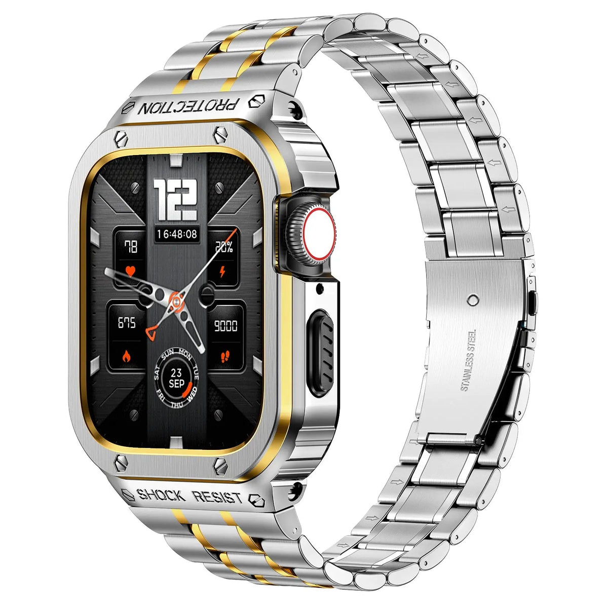 Metal Band and Bumper Case Bundle for Apple Watch 44mm 45mm Series – Shock-Absorbing Frame with Coordinated Strap in Black Silver Gold | Thomler