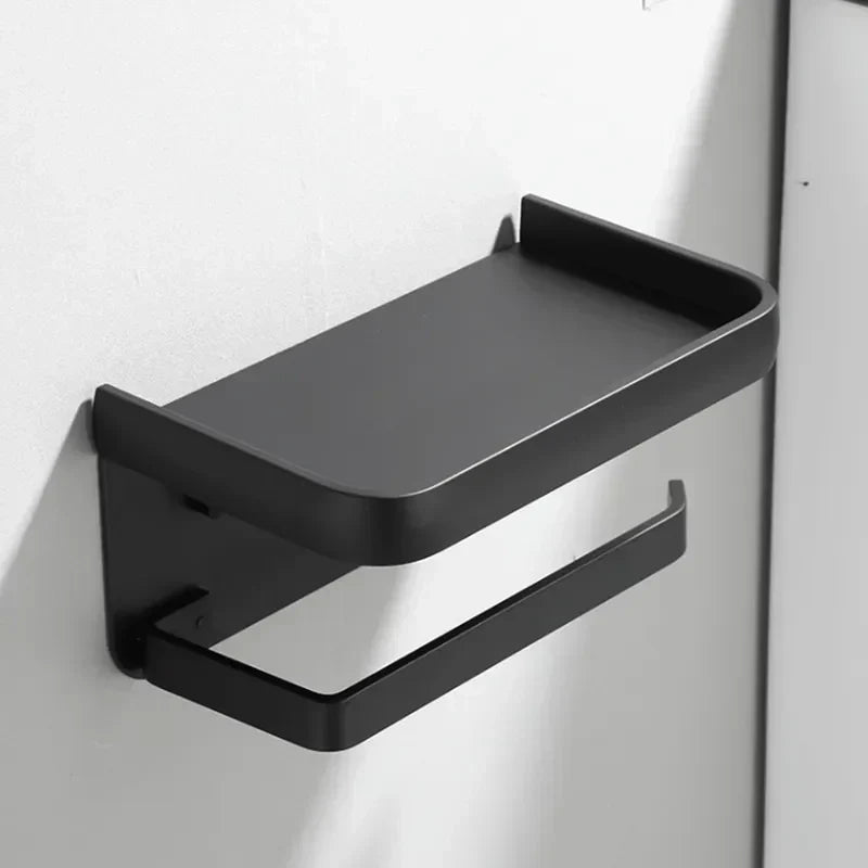 Toilet Roll Holder Aluminium 18.3 cm 7.2" Black Wall Mounted Bathroom Shelf Phone Storage Organiser | Thomler