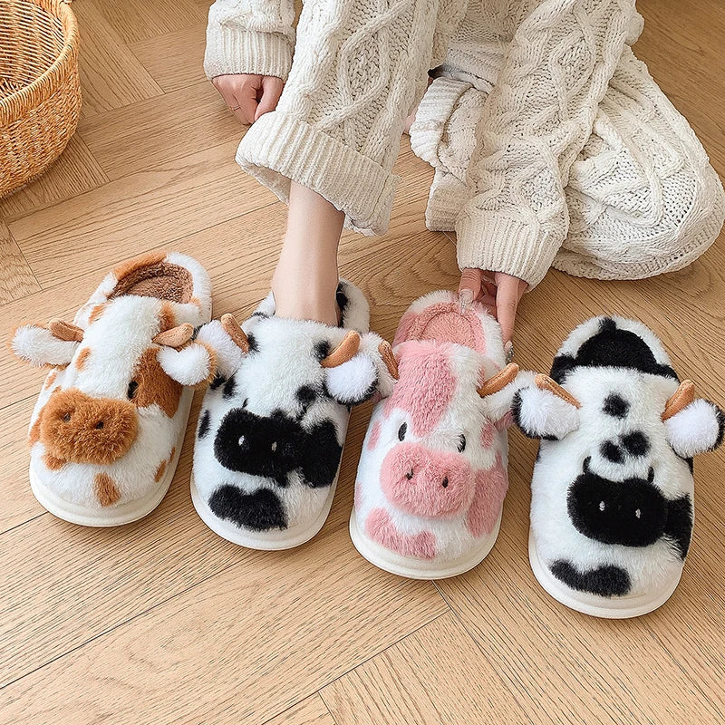 Plush Cow Print House Slippers for Women – Cozy Indoor Footwear with Platform Sole for Winter Warmth & Comfort | Thomler