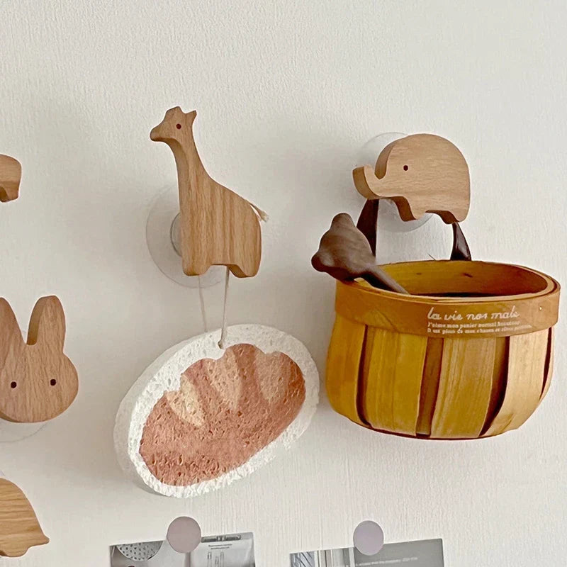 Wall Hooks Wooden Animal Self Adhesive Natural Kids Bedroom Nursery Coat Bag Holders Scandinavian Decor | Thomler