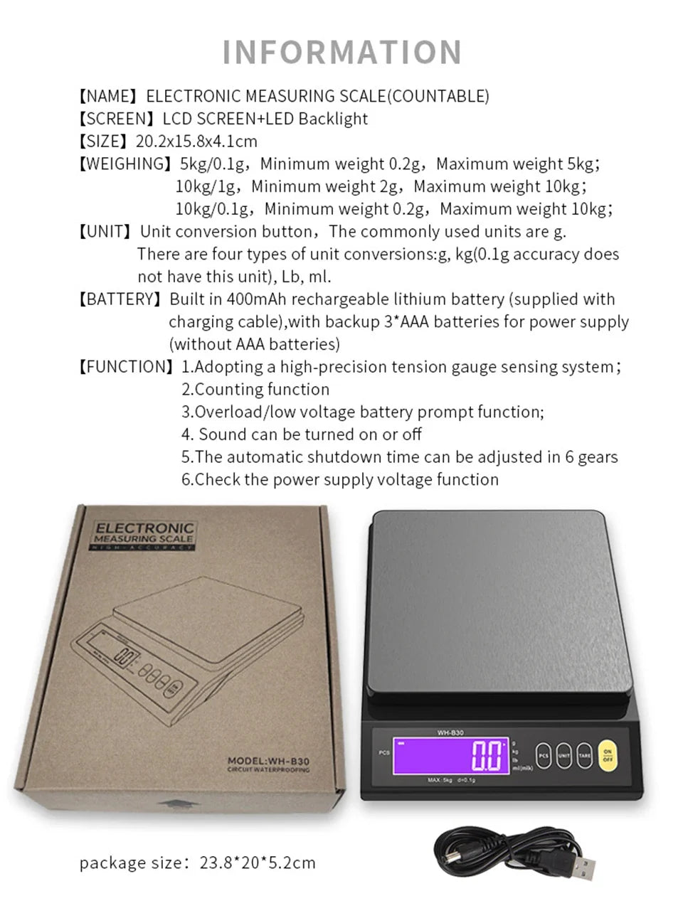 Waterproof Digital Food Scale – 11 lb / 1 oz or 22 lb / 0.04 oz Capacity, Rechargeable LCD Kitchen Scale for Meal Prep, Baking, Portion | Thomler
