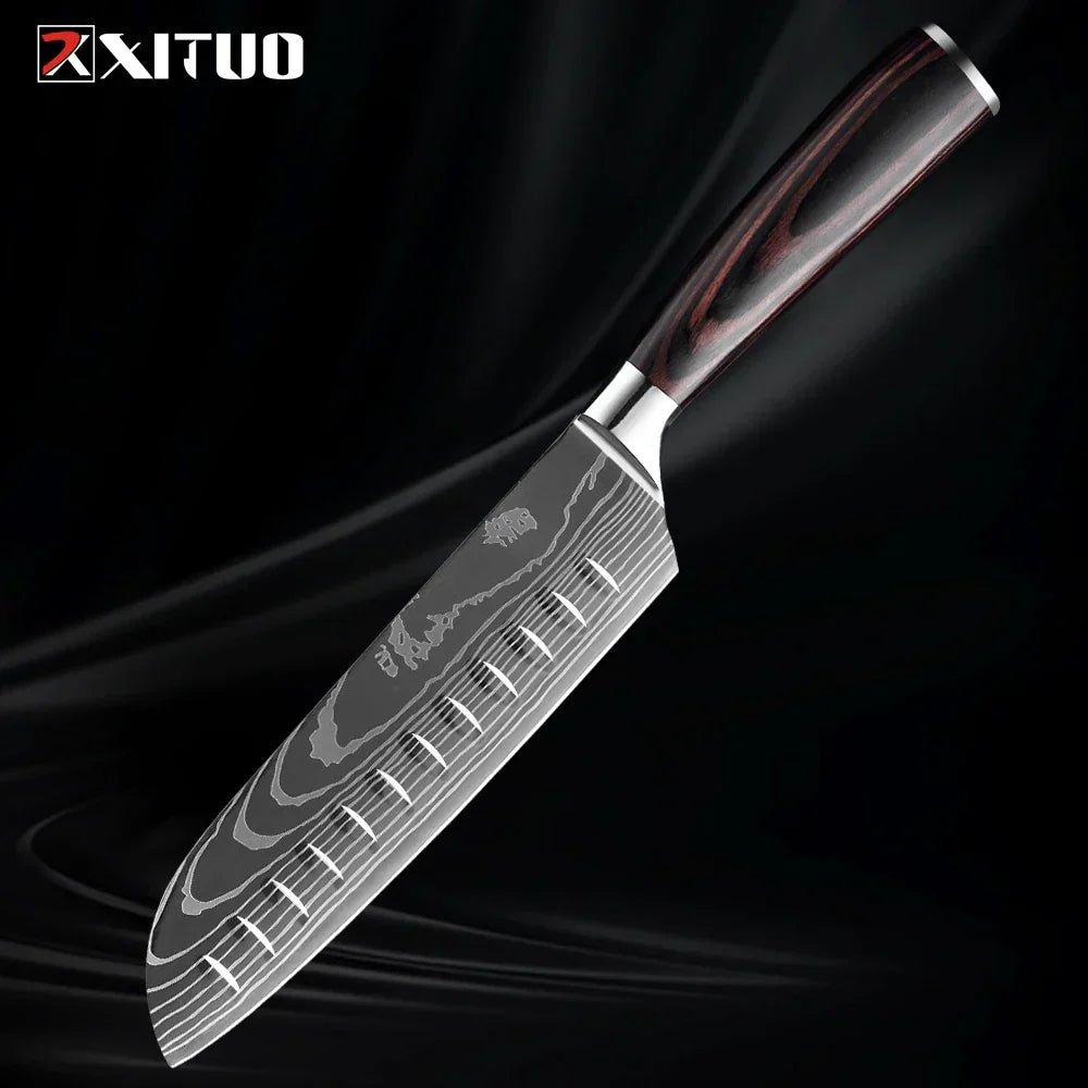 Professional Damascus-Pattern Chef's Blade Set – Hardened Steel Cutlery with Pakkawood Handles – Complete 1-9 Pc Cooking Knife Assortment | Thomler