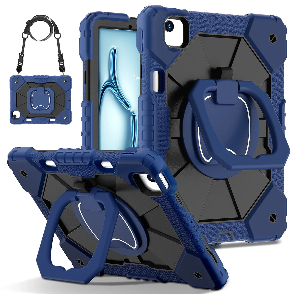 Triple-Layer iPad Protective Case with 360° Rotating Hand Grip, Integrated Kickstand & Shoulder Strap | Tempered Glass Screen Protector | Thomler