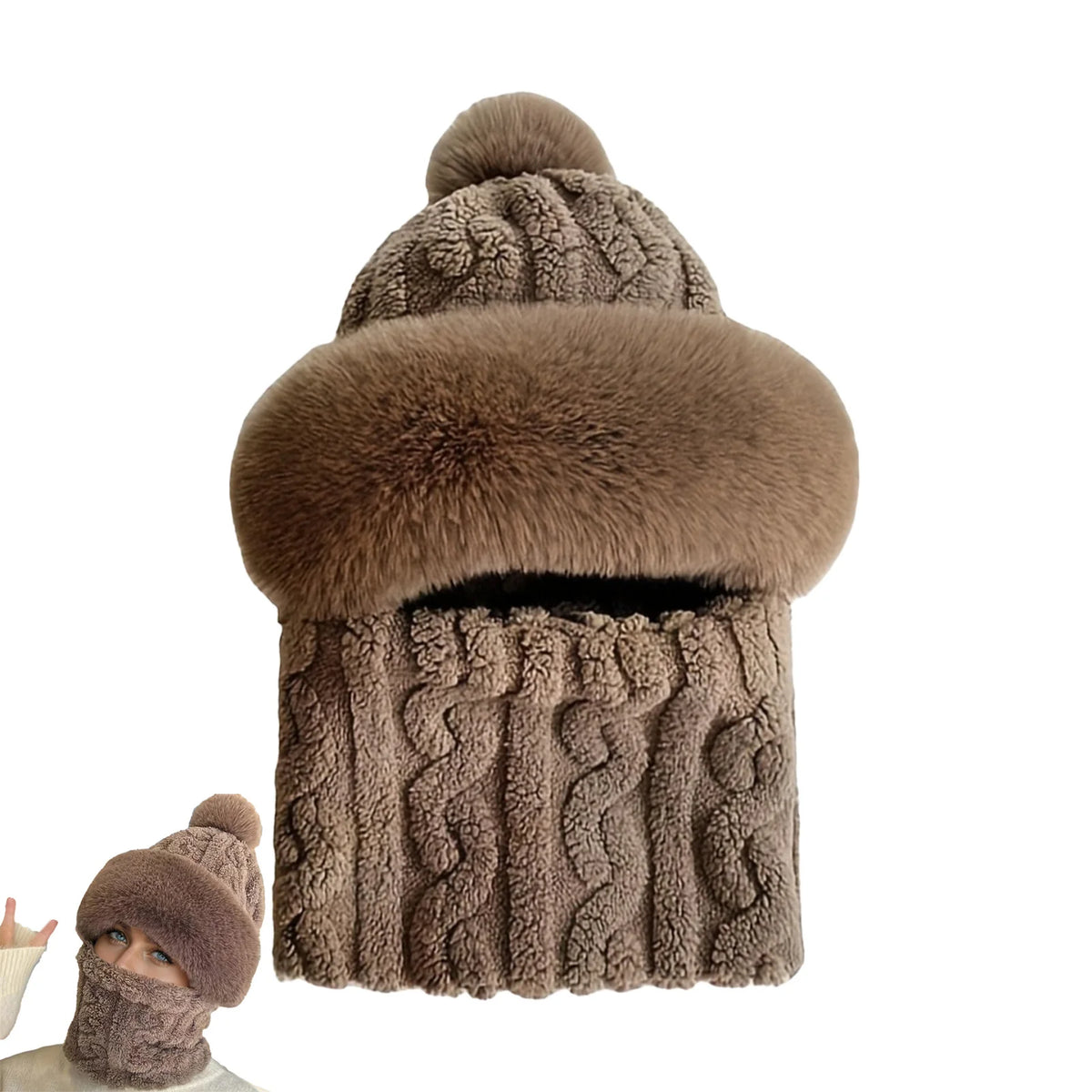 Fleece-Lined Hood Scarf Beanie Combo with Pom-Pom for Women & Men – All-in-One Neck Warmer Face Covering Cold Weather Gear for Commuting | Thomler