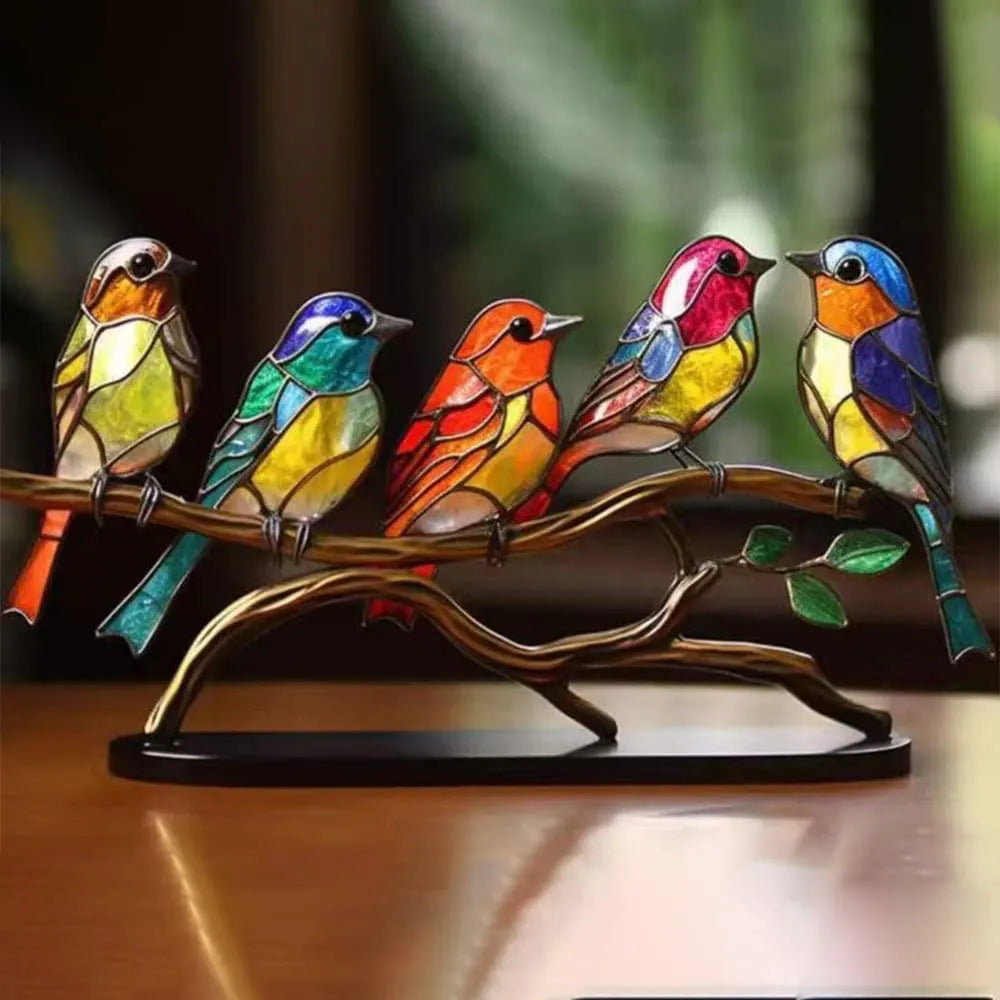 Glass Bird Figurines on Branch for Desk | Colorful Art Ornament Set | Office Decor Bird Sculptures | Home Accent Birds | Gift for Bird | Thomler