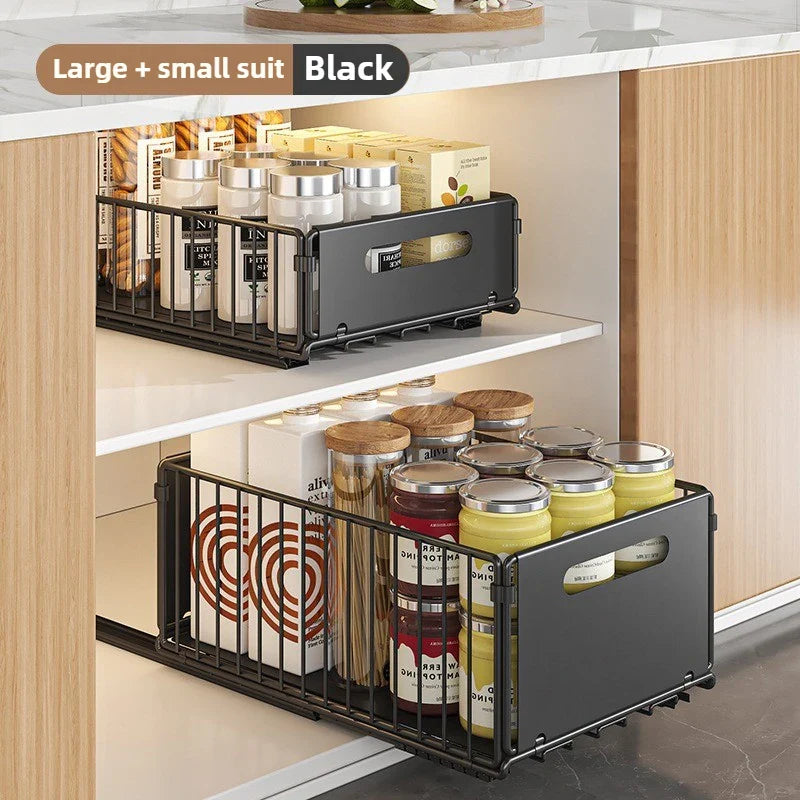 Storage Drawer Carbon Steel 37.5 cm Pull Out Kitchen Cabinet Spice Organiser Pantry Rack Black | Thomler