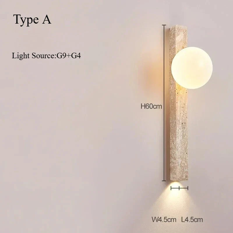 Wall Lamp Travertine Stone LED Khaki Japandi Bedroom Hallway Ambient Lighting Frosted Glass Globe Sconce | Thomler