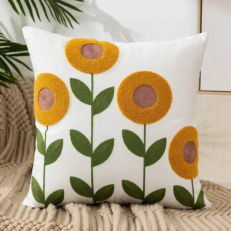 Cushion Cover Cotton Canvas 45.0 cm Floral Embroidered White Sofa Bed Decorative Pillow Case Farmhouse Living Room Accent | Thomler