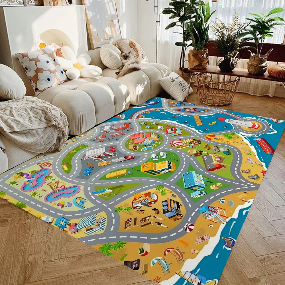 Play Rug Flannel 120.0 x 160.0 cm Car Road Theme Kids Playroom Bedroom Non Slip Washable Mat | Thomler