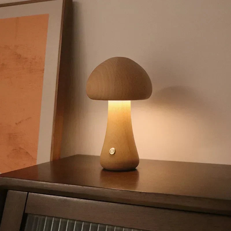 Rechargeable LED Mushroom Night Light with Touch Dimmer for Bedside, Nursery & Kids Room | Cordless Wooden Lamp | Thomler