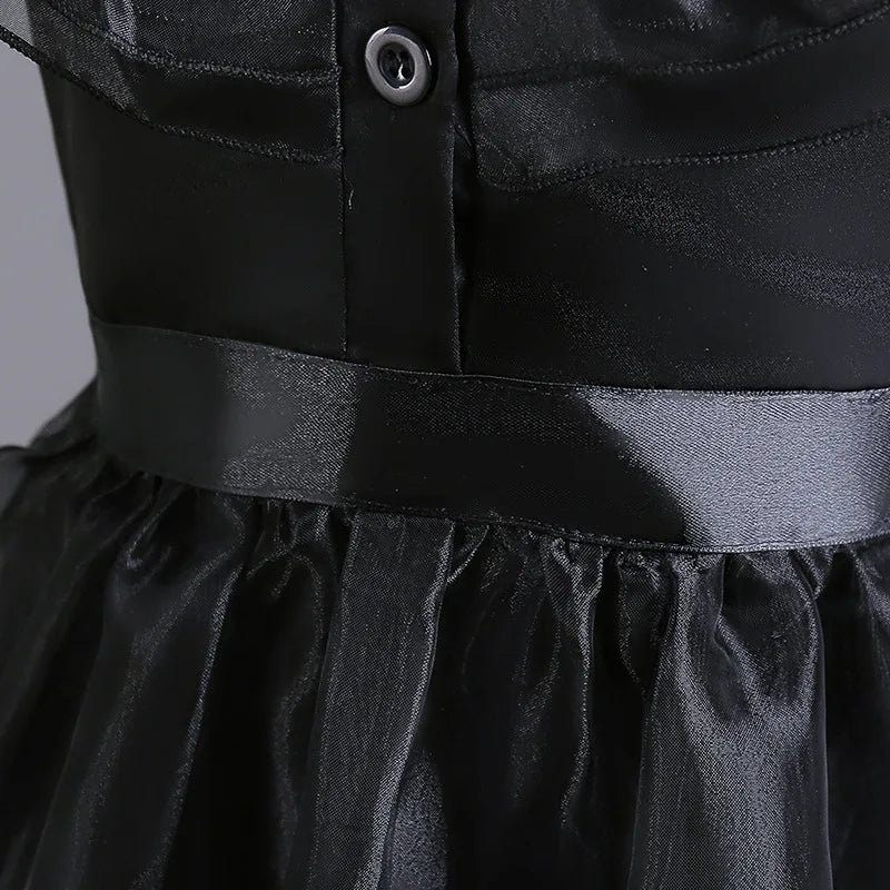 Girls Gothic Tiered Dress with Lace Panel Sleeves – Mid-Calf Costume for Halloween & Parties | Thomler