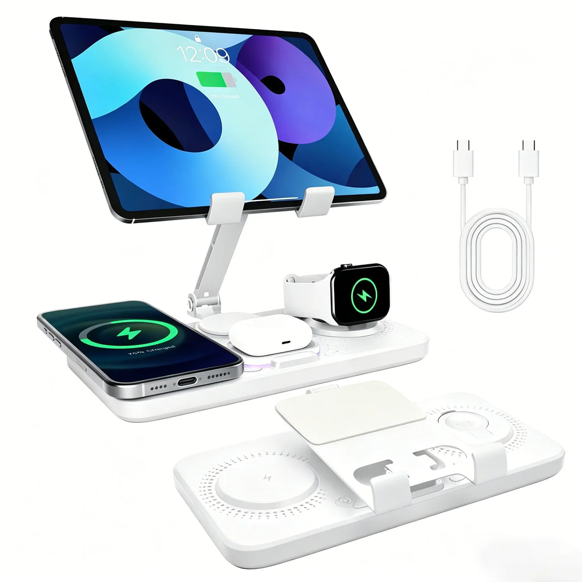 Multi-Device Wireless Charging Station with Adjustable Tablet Holder for Phones, Watches & Earbuds | Thomler
