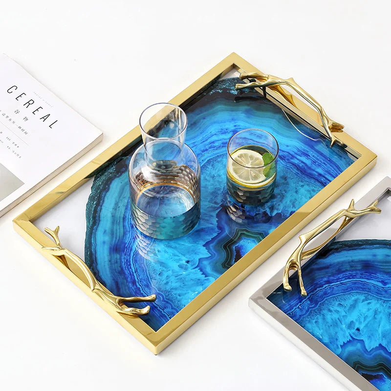 Serving Tray Glass Stainless Steel 16 in Blue Agate Pattern Dining Coffee Table Decorative Rectangle Round Display Platter | Thomler