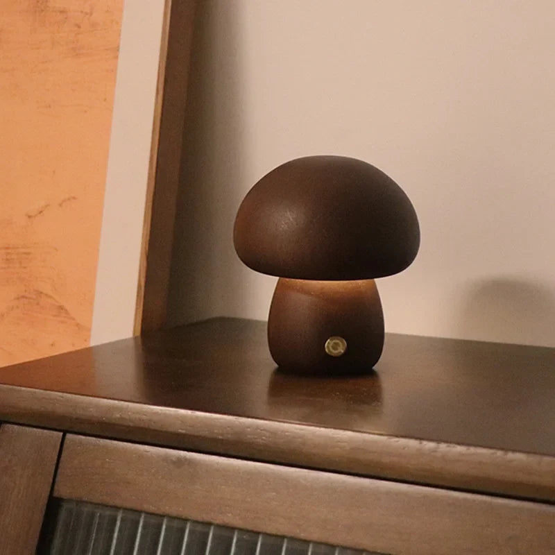 Rechargeable LED Mushroom Night Light with Touch Dimmer for Bedside, Nursery & Kids Room | Cordless Wooden Lamp | Thomler
