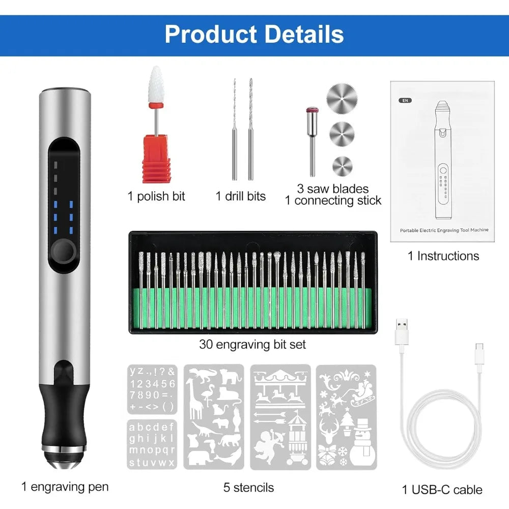 Cordless Rotary Tool with 37 Bits – USB Rechargeable Precision Engraver for Glass, Wood, Stone & Metal | Compact Electric Etching Pen for | Thomler