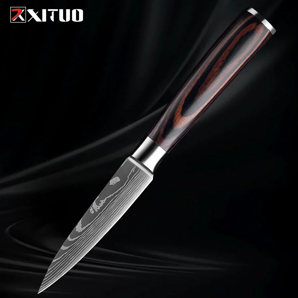 Professional Damascus-Pattern Chef's Blade Set – Hardened Steel Cutlery with Pakkawood Handles – Complete 1-9 Pc Cooking Knife Assortment | Thomler