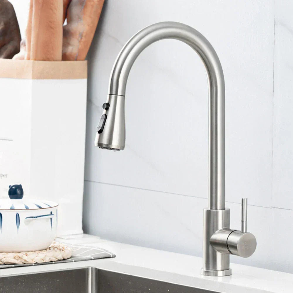Pull-Down Kitchen Faucet with Dual Spray Modes | Stainless Steel Single Handle Sink Mixer for Deck Mount Installation | Commercial Style | Thomler