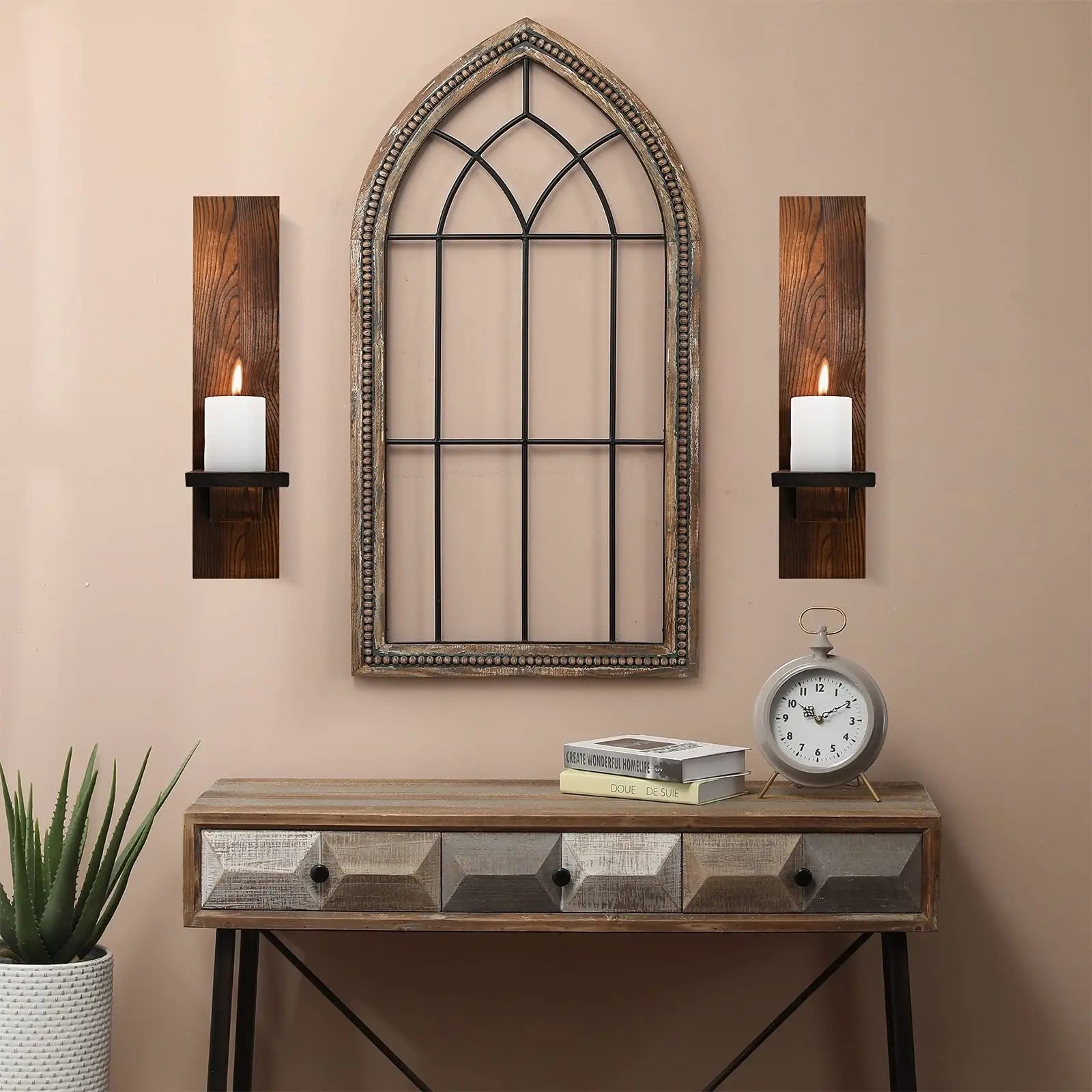 Wall Candle Holder Wood 38.0 cm Rustic Brown Indoor Outdoor Farmhouse Decor Set Of 2 Mounted Sconces | Thomler