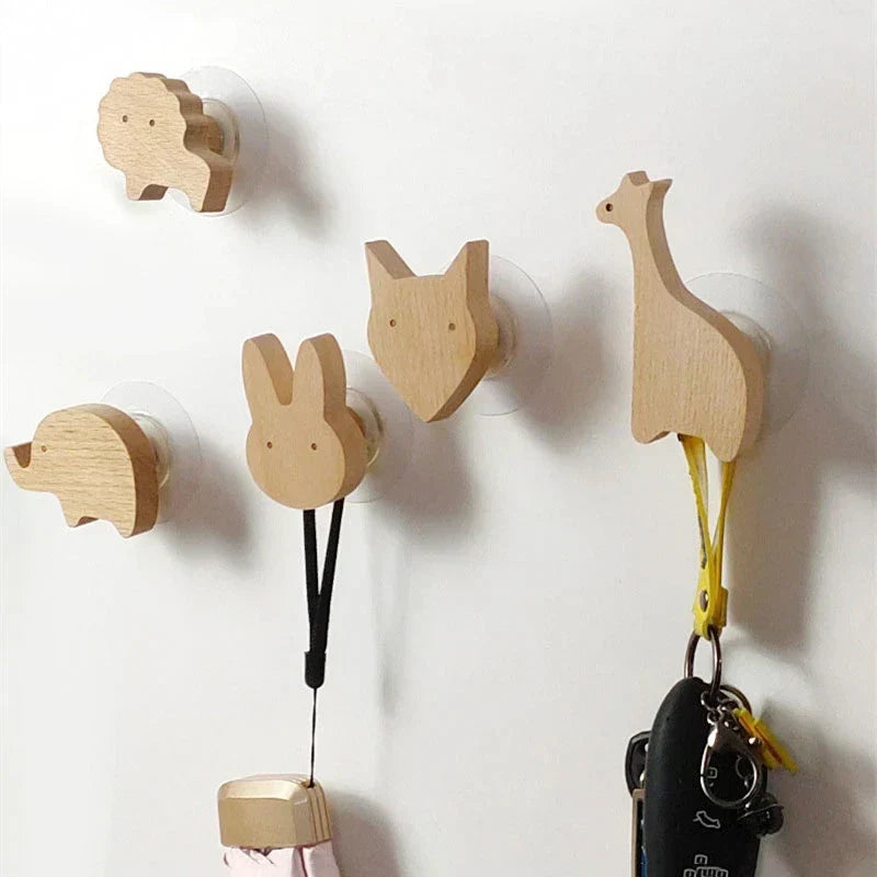Wall Hooks Wooden Animal Self Adhesive Natural Kids Bedroom Nursery Coat Bag Holders Scandinavian Decor | Thomler