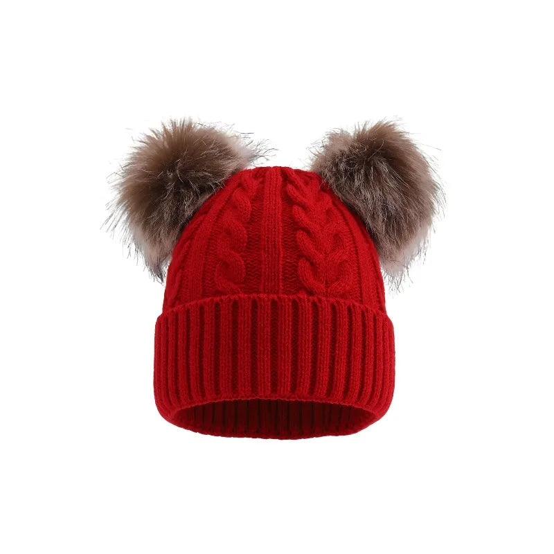 Women's Chunky Cable-Knit Winter Beanie with Dual Faux-Fur Pom-Poms – Fold-Over Cuff Hat for Cold Weather | Thomler