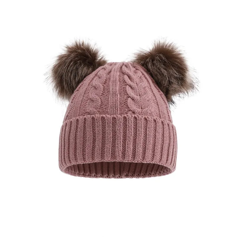 Women's Chunky Cable-Knit Winter Beanie with Dual Faux-Fur Pom-Poms – Fold-Over Cuff Hat for Cold Weather | Thomler