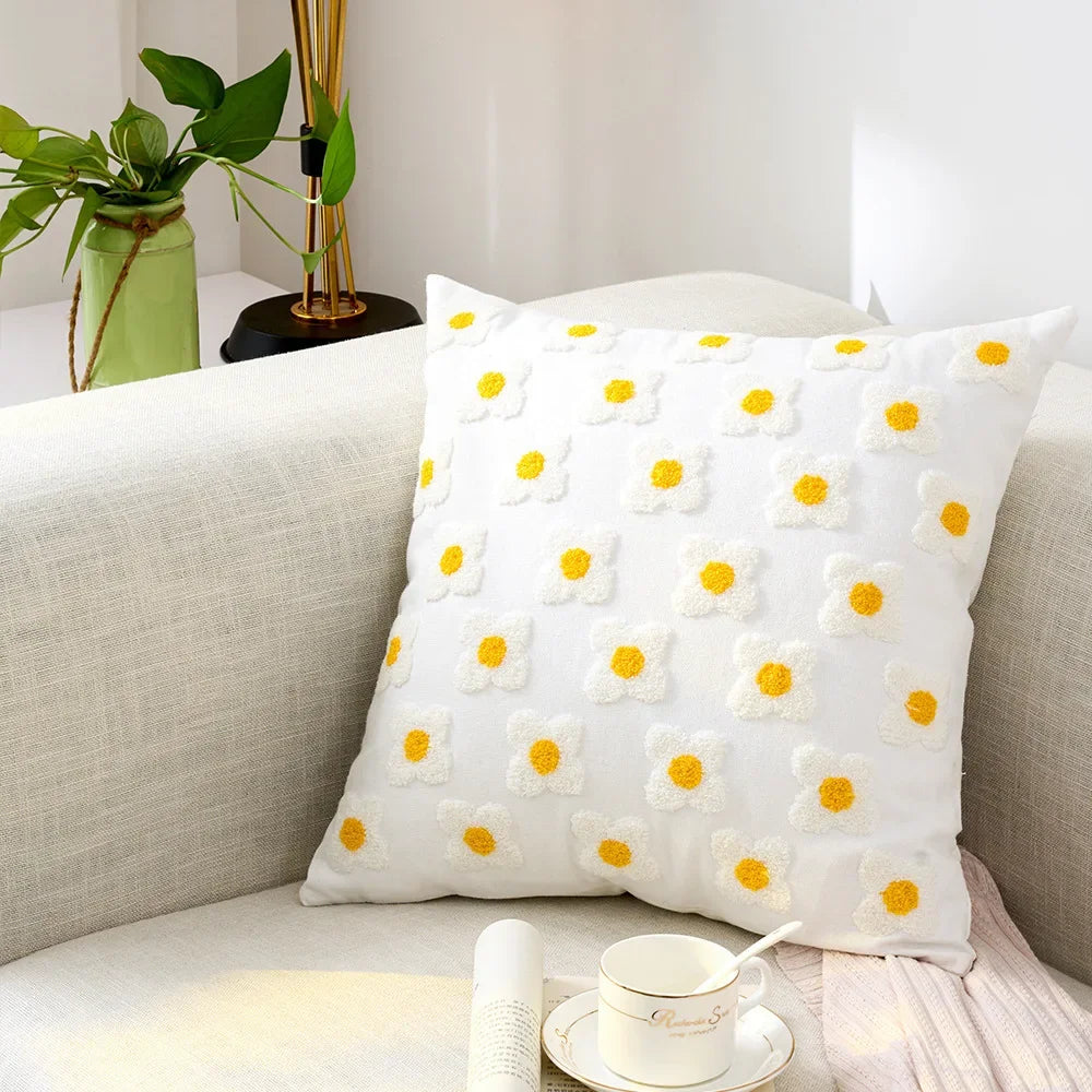 Cushion Cover Cotton Canvas 45.0 cm Floral Embroidered White Sofa Bed Decorative Pillow Case Farmhouse Living Room Accent | Thomler