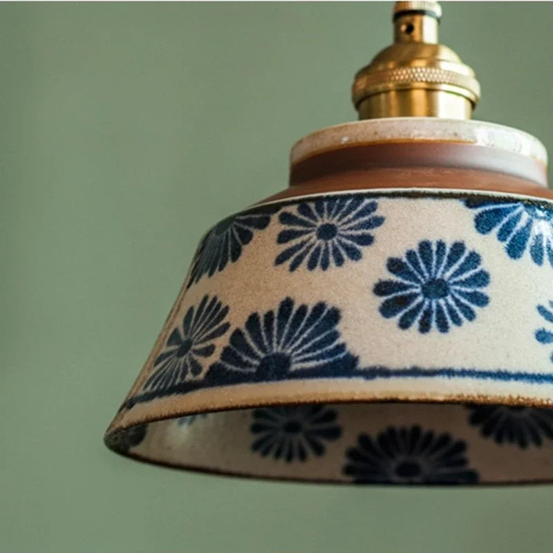 Ceramic Hanging Light Fixture with Unique Floral Designs for Kitchen, Dining Room, Cafe | Artisan Crafted Copper Hardware Pendant Lamp | Thomler