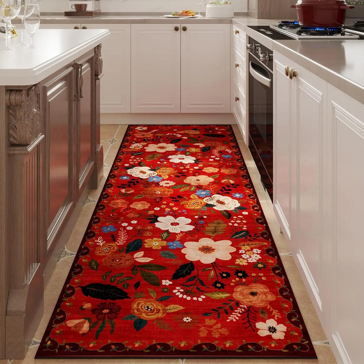 Floral Runner Rug for Hallway & Kitchen, Machine Washable Non-Slip Long Mat with Rubber Backing | Thomler