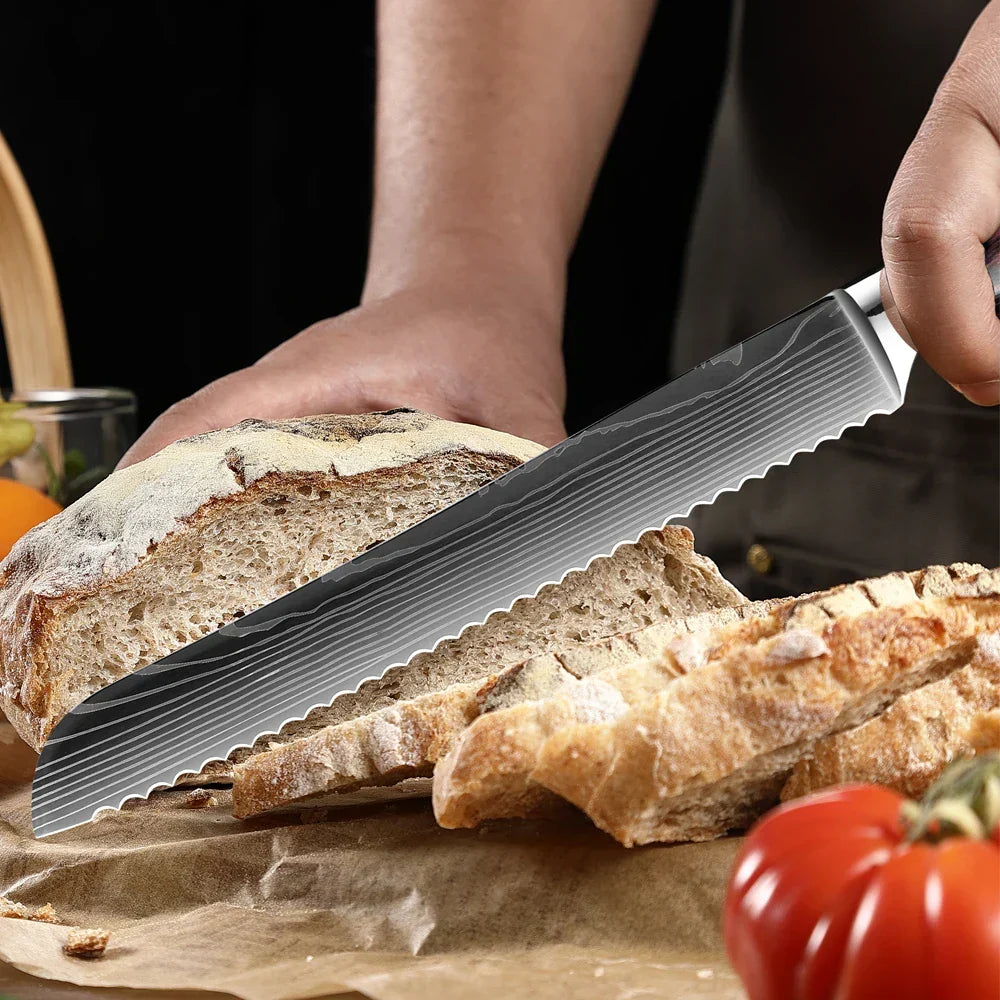 Professional Damascus-Pattern Chef's Blade Set – Hardened Steel Cutlery with Pakkawood Handles – Complete 1-9 Pc Cooking Knife Assortment | Thomler