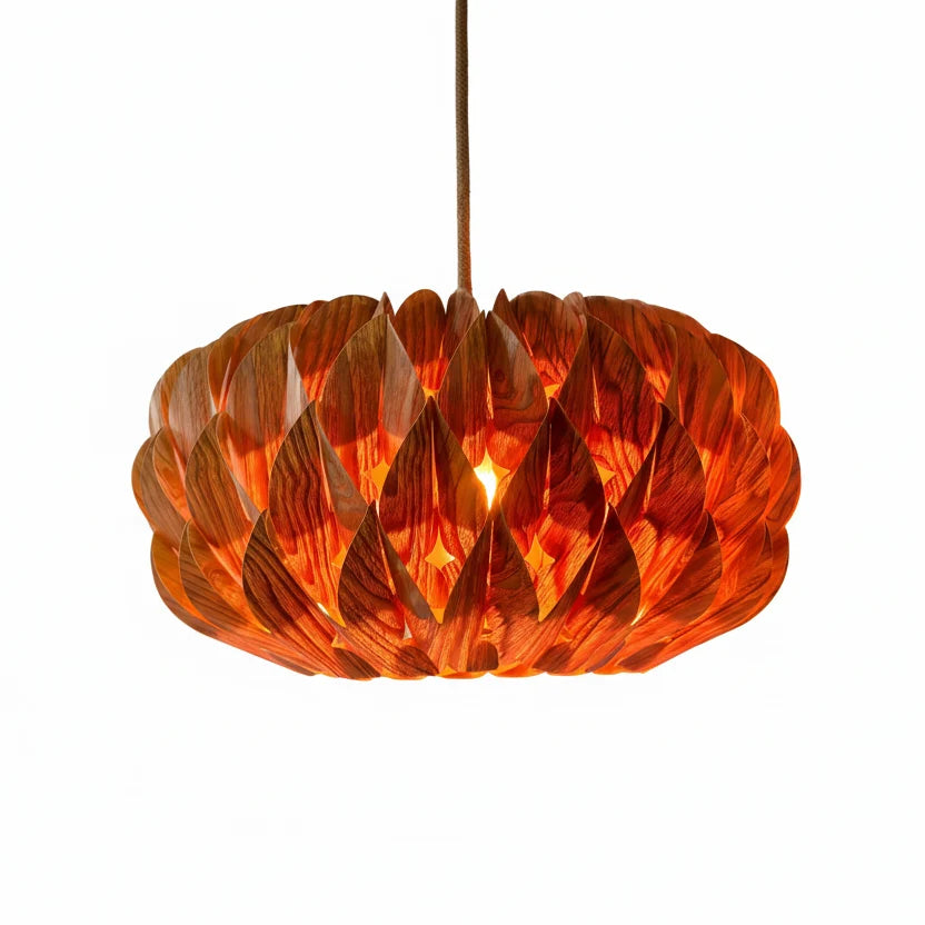 Drum Pendant Light with Natural Wood Slat Shade for Dining Room & Living Space | Thomler
