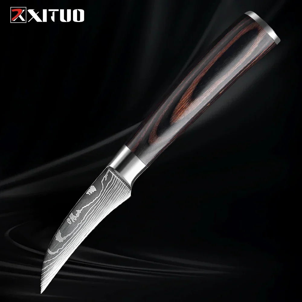 Professional Damascus-Pattern Chef's Blade Set – Hardened Steel Cutlery with Pakkawood Handles – Complete 1-9 Pc Cooking Knife Assortment | Thomler