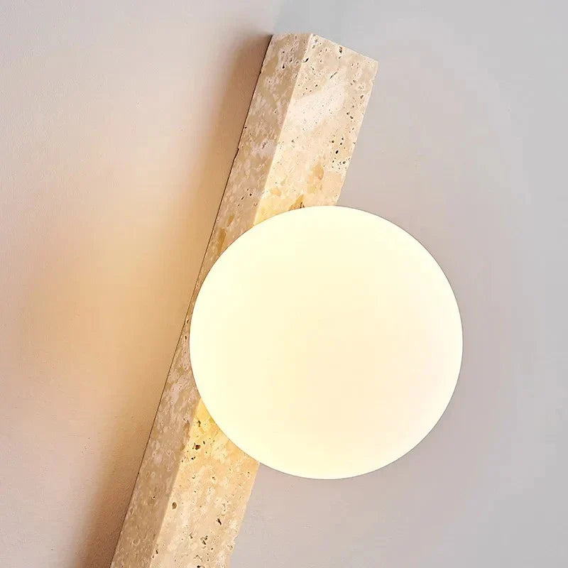 Wall Lamp Travertine Stone LED Khaki Japandi Bedroom Hallway Ambient Lighting Frosted Glass Globe Sconce | Thomler