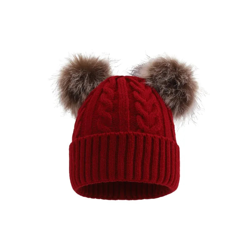 Women's Chunky Cable-Knit Winter Beanie with Dual Faux-Fur Pom-Poms – Fold-Over Cuff Hat for Cold Weather | Thomler