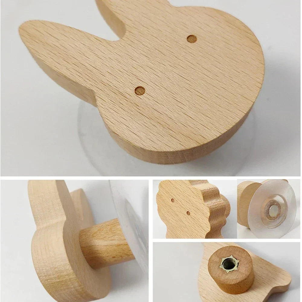 Wall Hooks Wooden Animal Self Adhesive Natural Kids Bedroom Nursery Coat Bag Holders Scandinavian Decor | Thomler