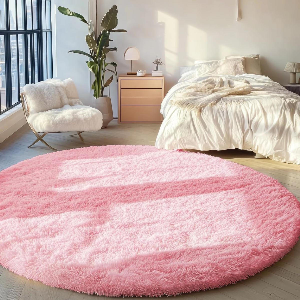 Round Shag Area Rug 59 Inch – Ultra Soft Plush Circle Carpet for Living Room Bedroom Playroom Nursery – Non-Slip Backing Machine Washable | Thomler