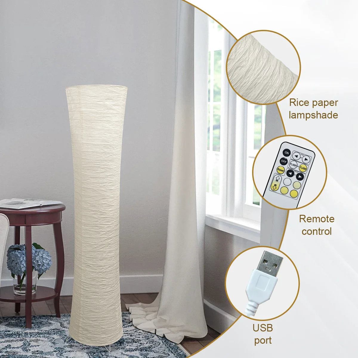 Floor Lamp Paper Shade 107.0 cm White Living Room Corner Lighting Japandi Scandinavian Ambient Reading Lamp Remote Control | Thomler
