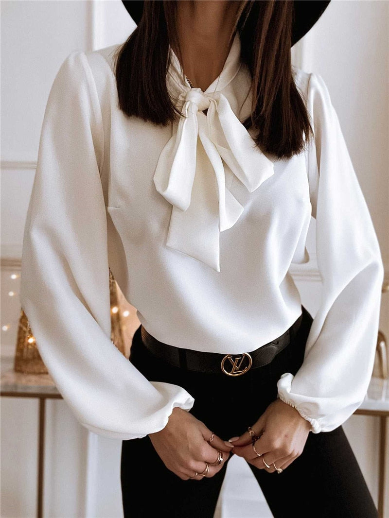 Women's Bow-Tie Blouse Long Sleeve Elegant Button-Down Shirt for Work Office Casual | Thomler
