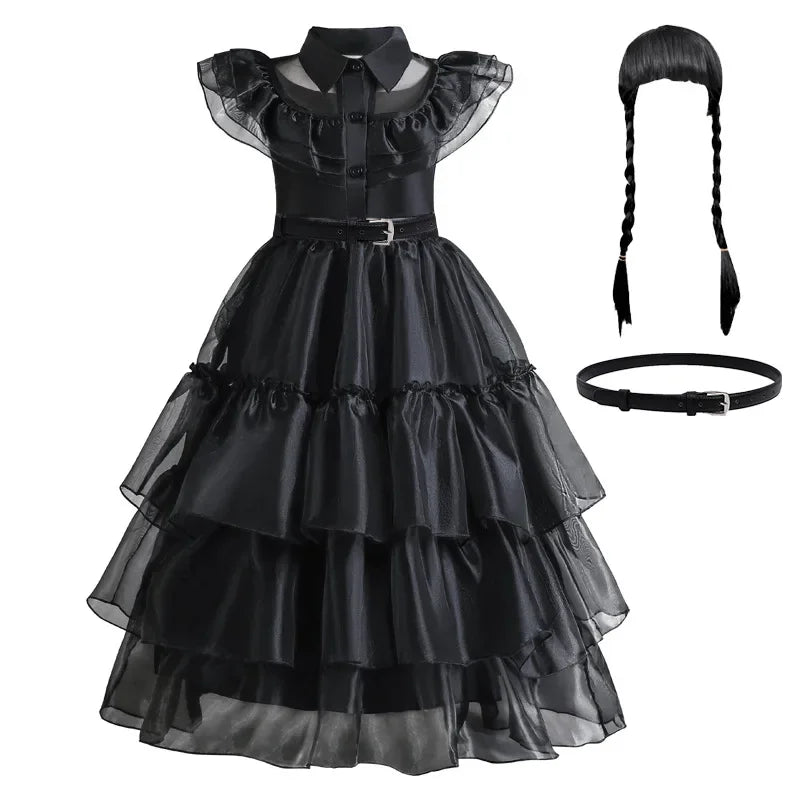 Girls Gothic Tiered Dress with Lace Panel Sleeves – Mid-Calf Costume for Halloween & Parties | Thomler