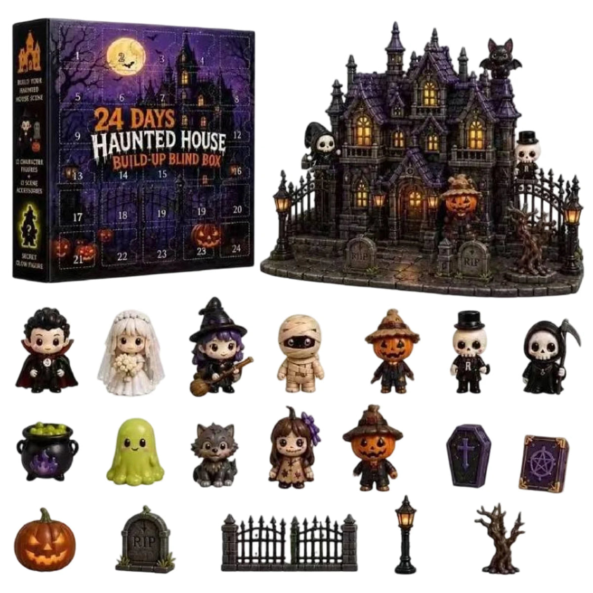Spooky Mansion Countdown Calendar – 24-Door Mystery Box with Mini Monster Figurines for October 31st | Thomler