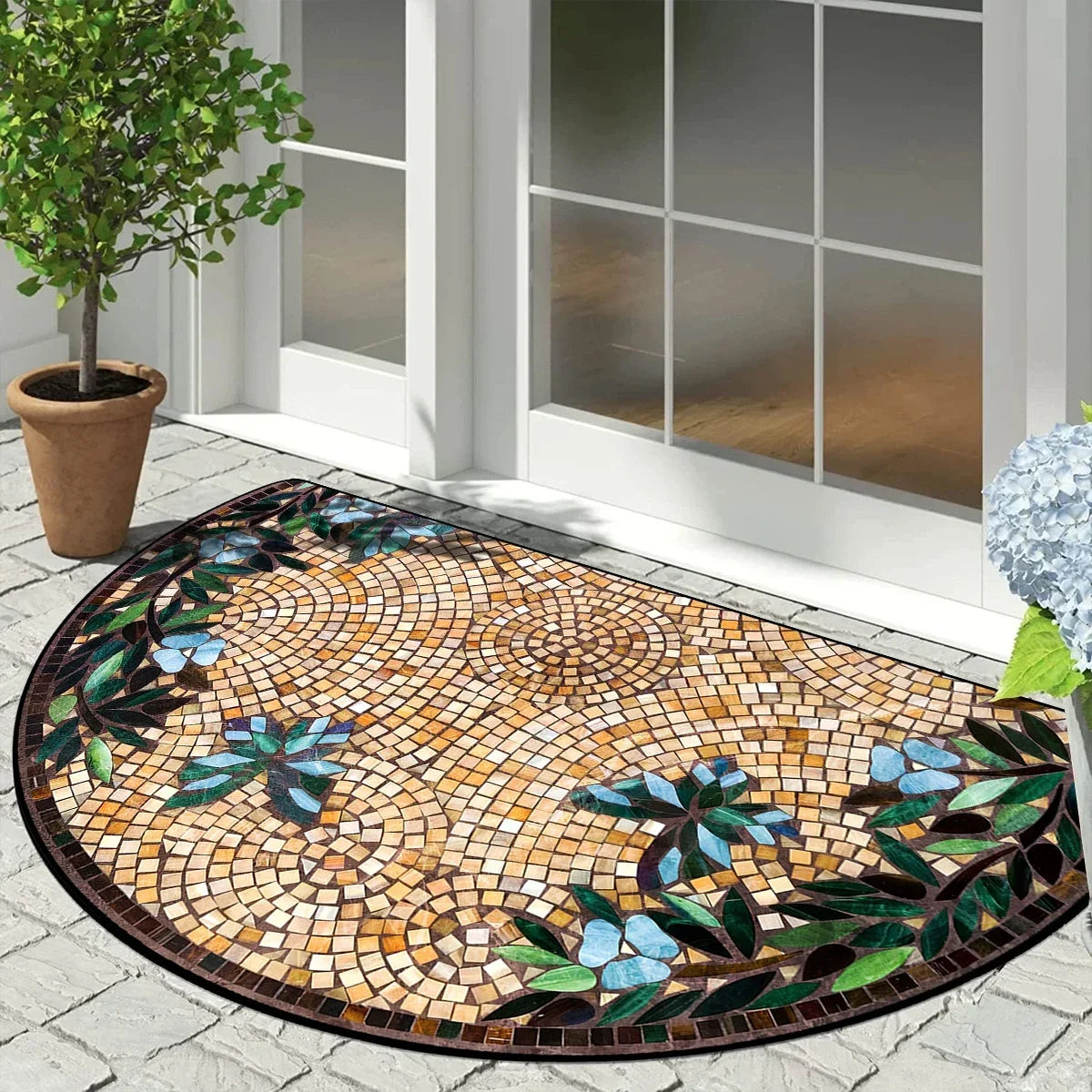 Half Circle Entryway Mat – Non-Slip Outdoor Rug with Vintage Patchwork Floral Geometric Print for Patio, Front Door, Balcony & | Thomler