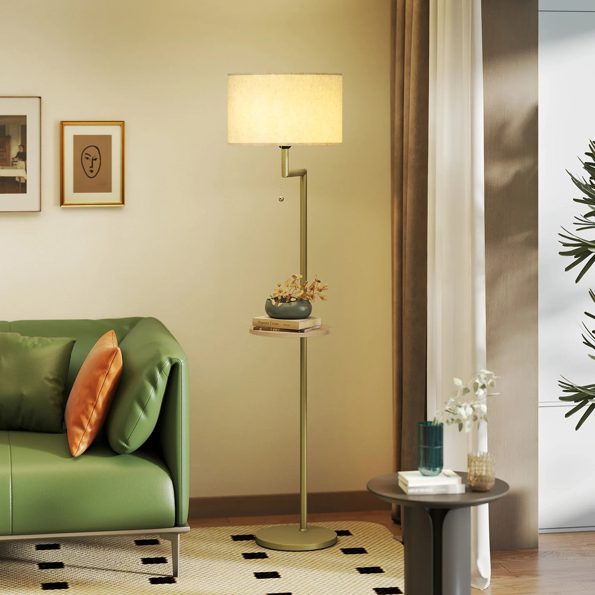 Floor Lamp Steel Bamboo Shelf 170.0 cm Gold Living Room Bedroom Reading Light USB Charging Arc Lamp | Thomler